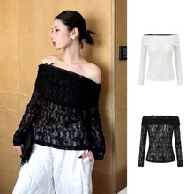 【清仓不退换】小众设计师性感辣妹显瘦一字领镂空蕾丝长袖上衣女