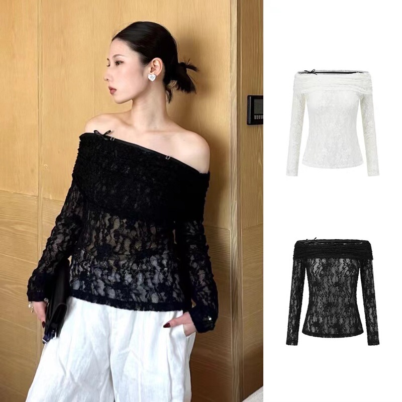 [Clearout, Non-Refundable] Niche Designer Sexy Slimming Look One-Line Collar Cut Out Lace Long-Sleeved Top for Women