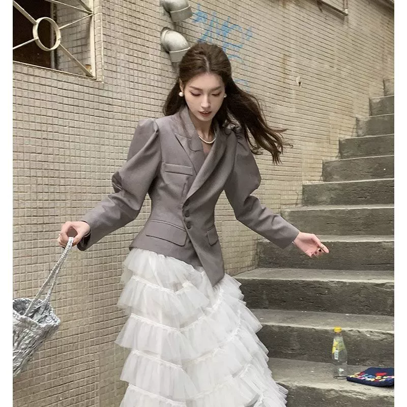 Серый женский костюм с асимметричными короткими пышными рукавами, утягивающий талию, с рукавами-крылышками из овечьей кожи, новинка весны и осени.