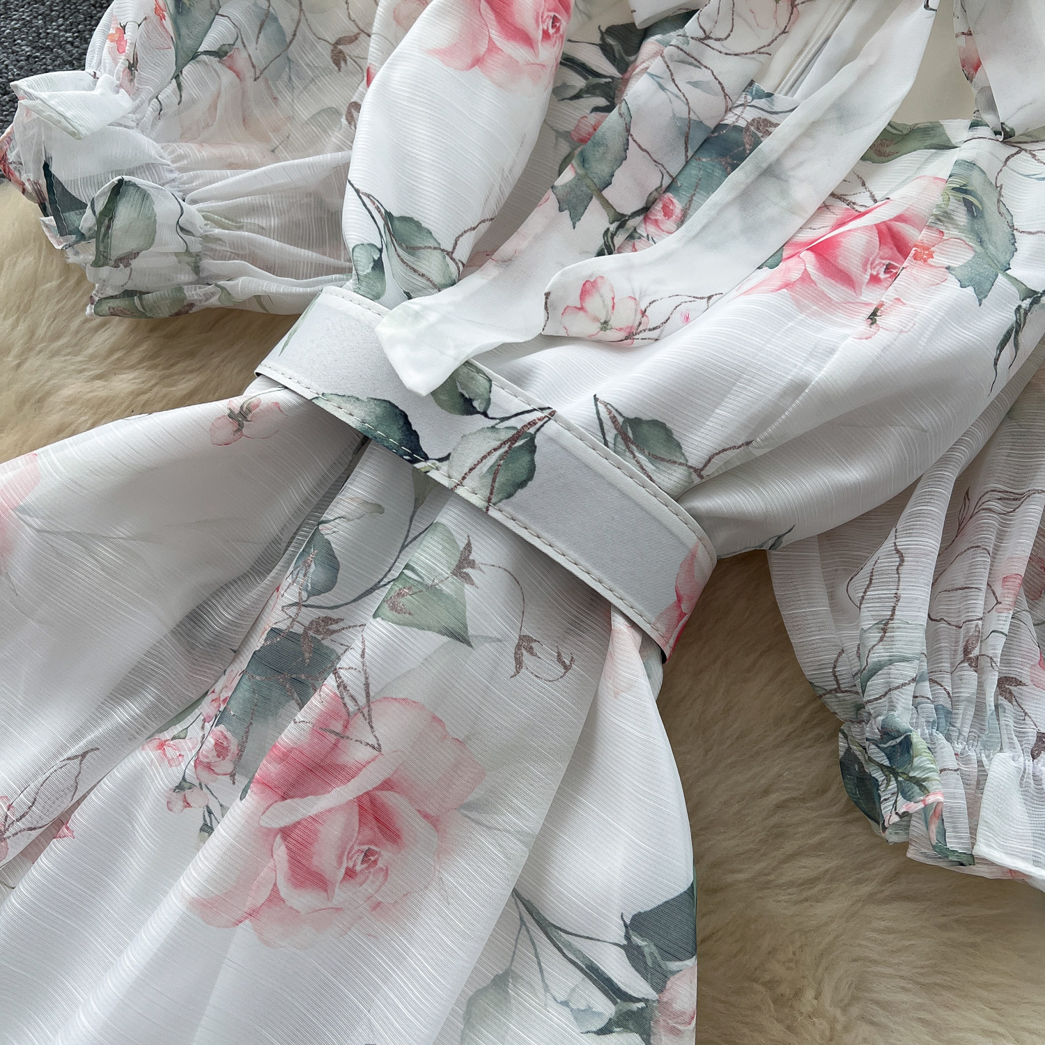 Women's French Romantic Floral Print Dress Summer Korean Style V Neck Tie Up Short Sleeve Waist Cinching A Line Long Skirt Elegant_ecoleips.com