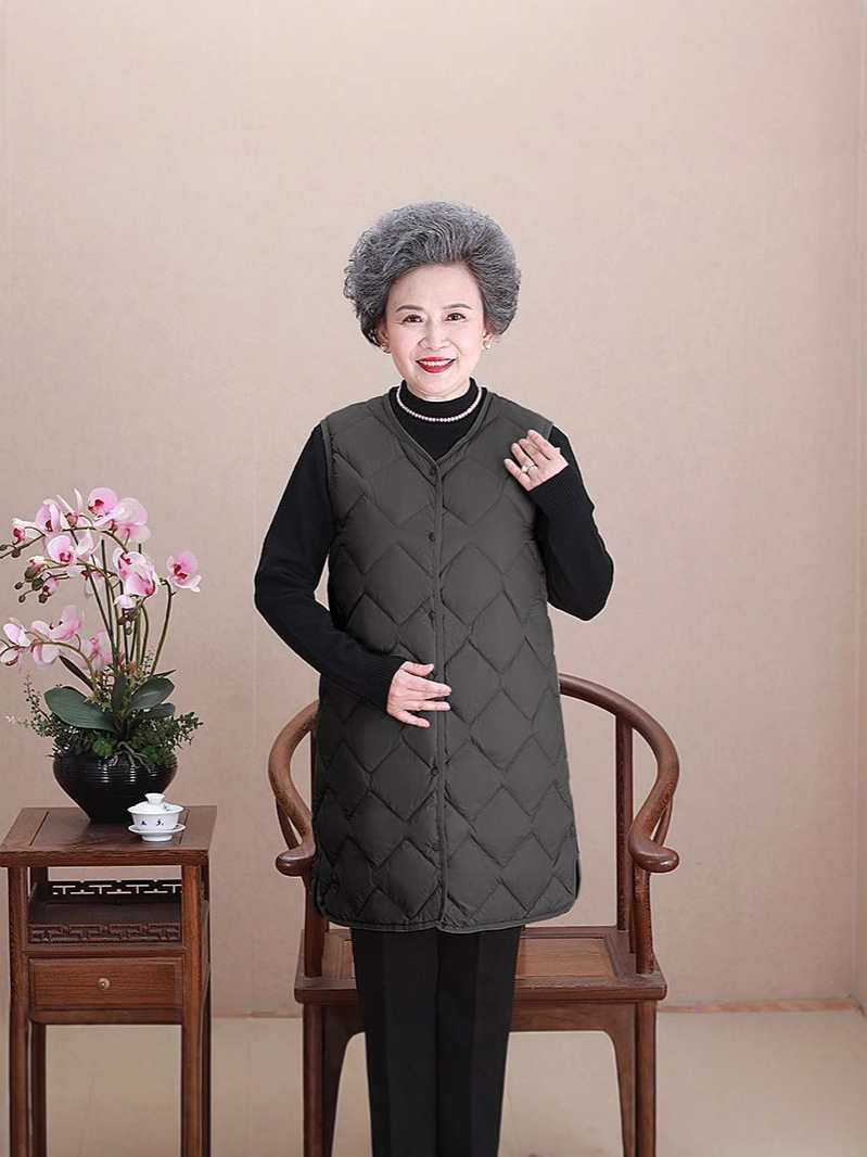Chaleco de mediana edad y ancianos, ropa de madre, chaqueta de plumón de cuello redondo ligero, forro, chaleco, chaleco cálido de gran tamaño para mujer, chaleco, marea