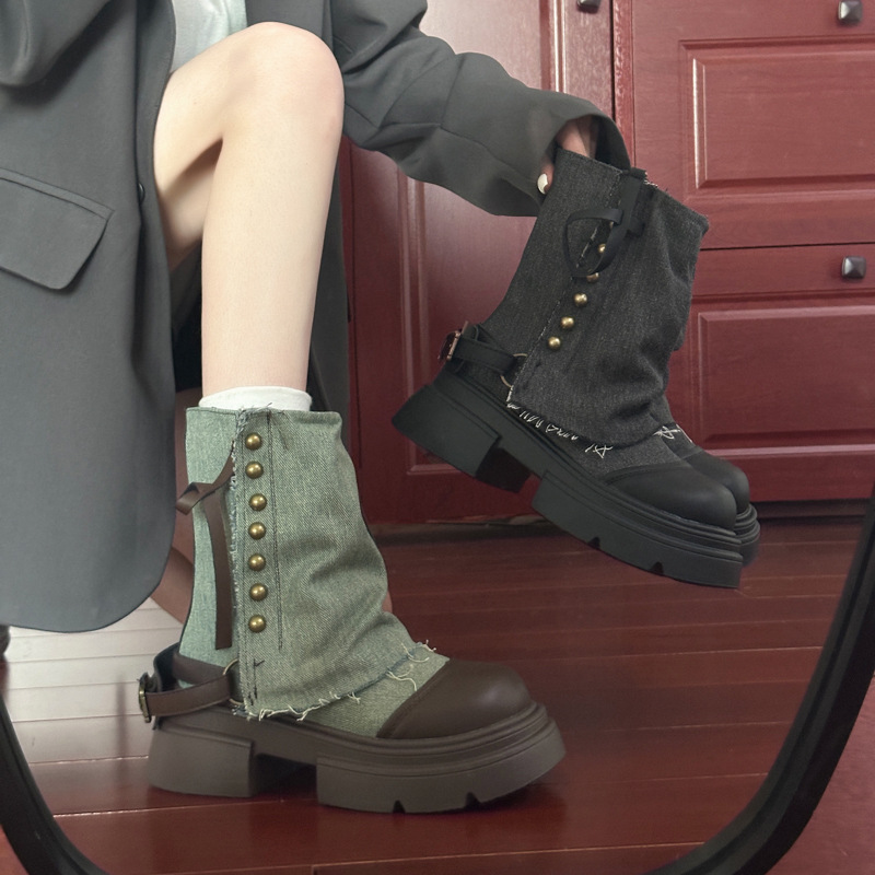 英伦时尚黑色英伦风厚底马丁靴女夏款2025新款小众配裙子粗跟短靴