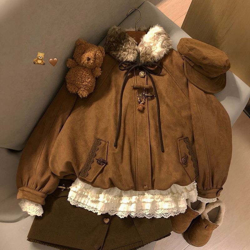 Detachable fur collar brown quilted cotton jacket for women, autumn and winter, petite size, loose fit, thickened for warmth