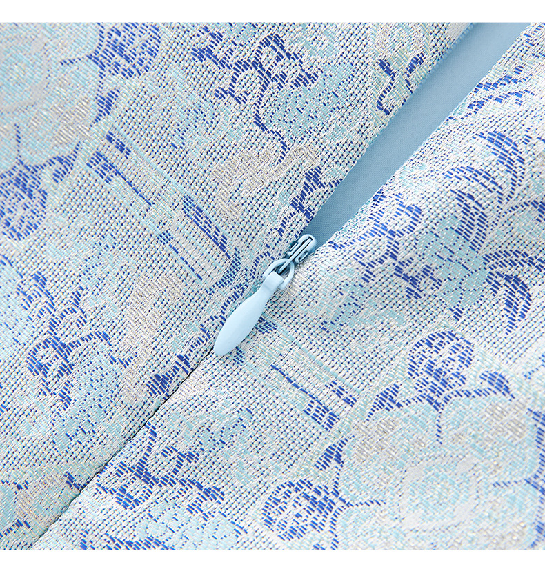 Váy chữ A jacquard lụa vàng phong cách quốc gia tay ngắn chất lượng cao — Màu xanh lam chi tiết 20