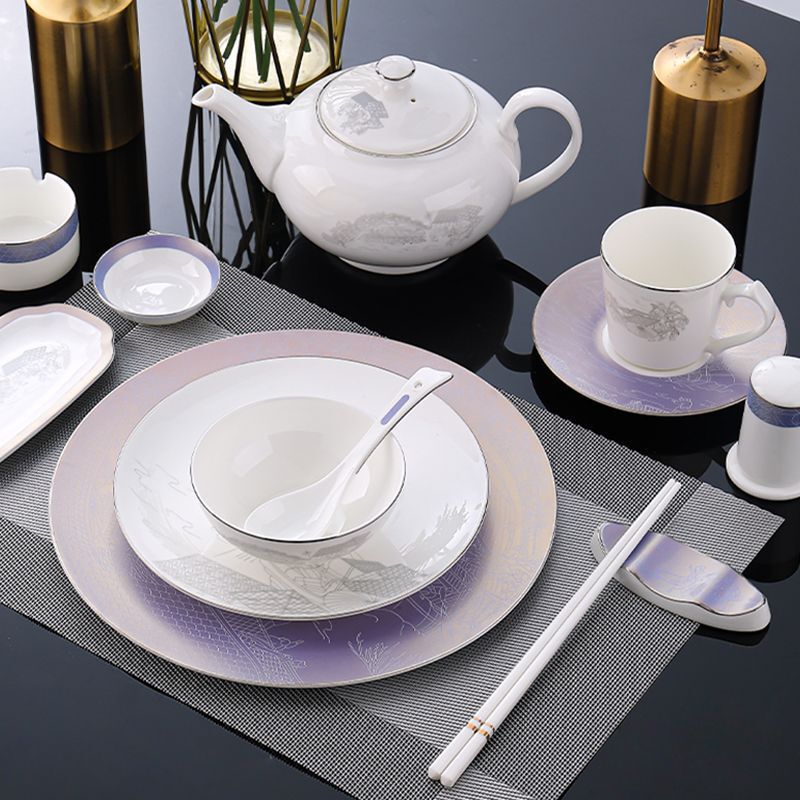 New Chinese-Style High-End Hotel Tableware Set, High-End Club Simple Bone China Bowls and Plates, High-End Qingming Riverside Scene
