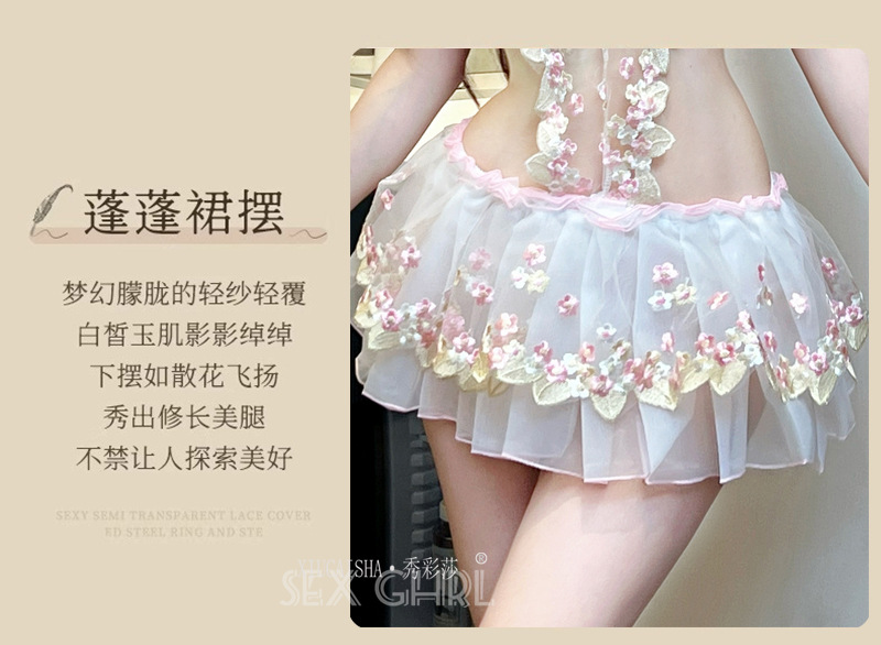 Xiu Cai Sha Lace Embroidery Sheer Babydoll Set with Skirt, Thong and Stockings — detail image 5