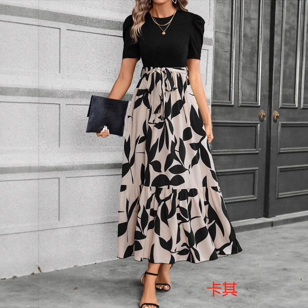 2025亚马逊跨境专供欧美女装花卉印花高腰时尚优雅气质连衣裙