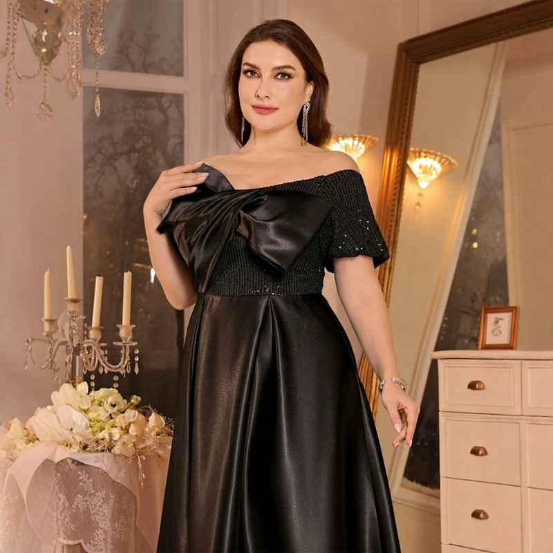 Women's Elegant and Sweet Sequined Bow Satin Ball Gown Plus Size Party Dress Off-Shoulder Cross-Border Women's Elegant and Sweet Sequined Bow Satin Ball Gown Plus Size Party Dress Off-Shoulder Cross-Border