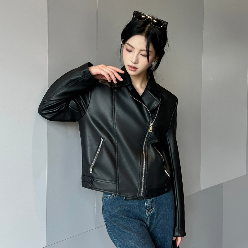 时尚肌理感pu皮衣外套女款春秋短款气质百搭甜酷机车女式皮夹克|undefined