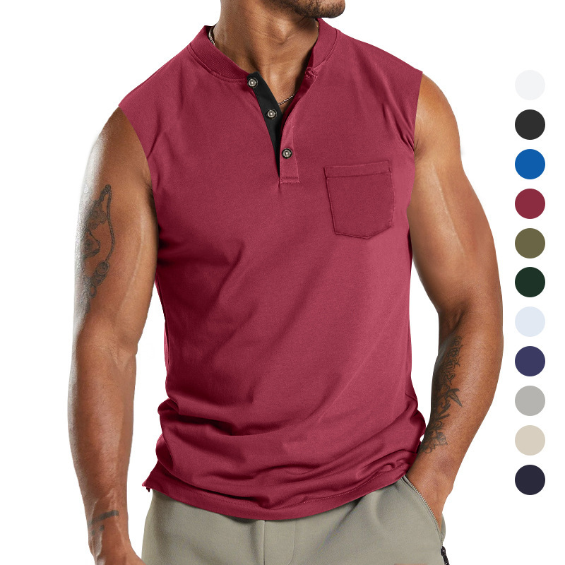 2024 Summer New Kam Shoulder Large Men's Short Sleeve Button Pocket Sleeveless T-shirt_voghion.com