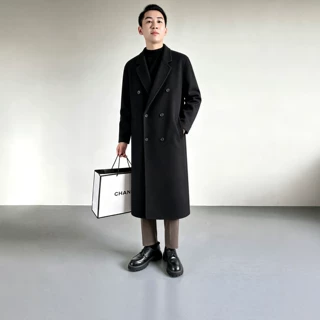 双排扣毛呢大衣男款过膝呢子风衣男士冬季氛围加厚宽松中长款外套