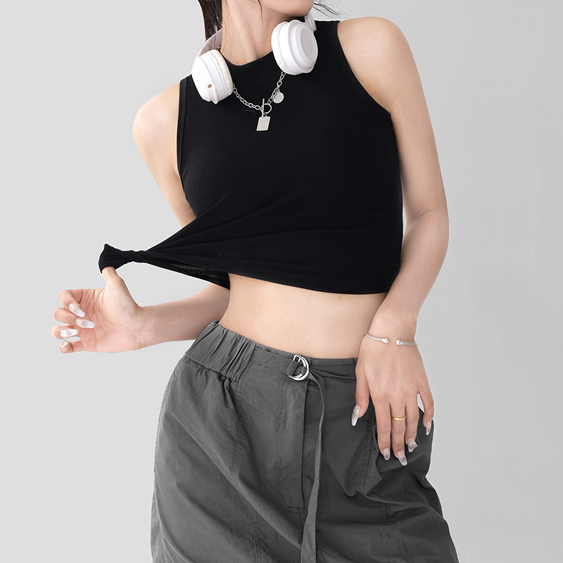 时尚都市外穿气质短款上衣女内搭修身法式圆领纯色露脐无袖背心女