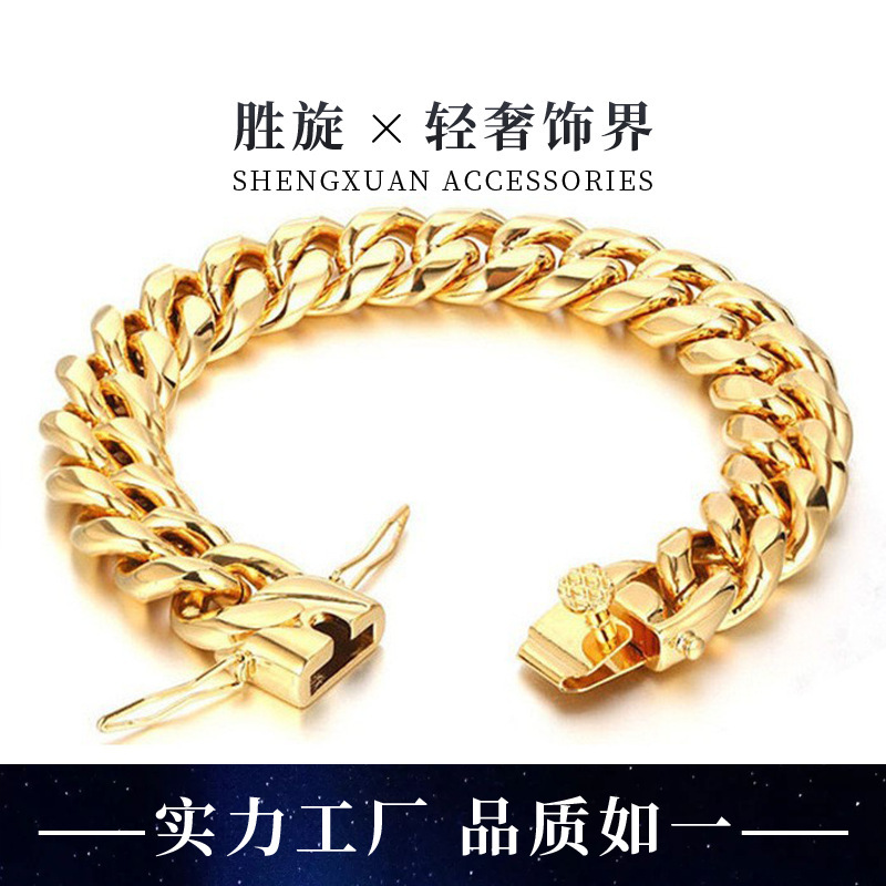 Men's Domineering Cuban Chain Bracelet Vacuum Electroplating Encrypted Round Grinding Chain Personalized Street Style Hand Jewelry Cross-Border Supply