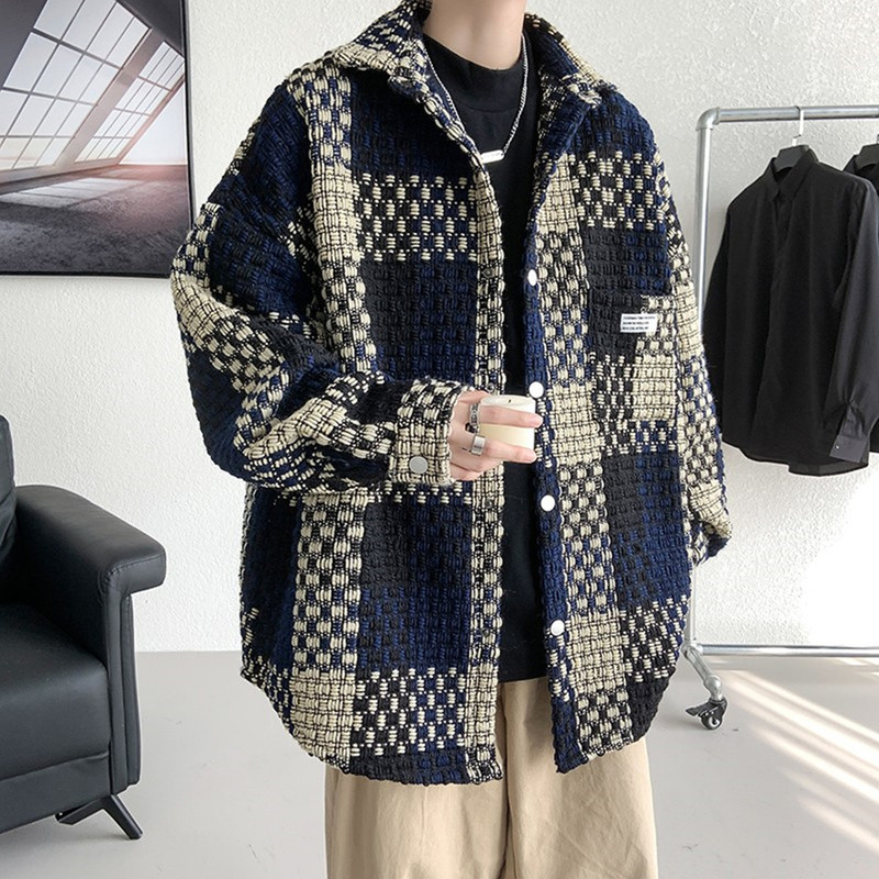 Cyber Celebrity Chanel Style Plaid Jacket Men's Autumn Wear Plus Fat plus size Loose Fashionistas Casual Handsome All-match Jacket for Fat Brand