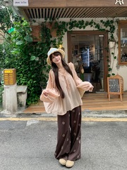 法式重工木耳边v领露肩长袖衬衫女早秋慵懒松弛感温柔娃娃衫上衣