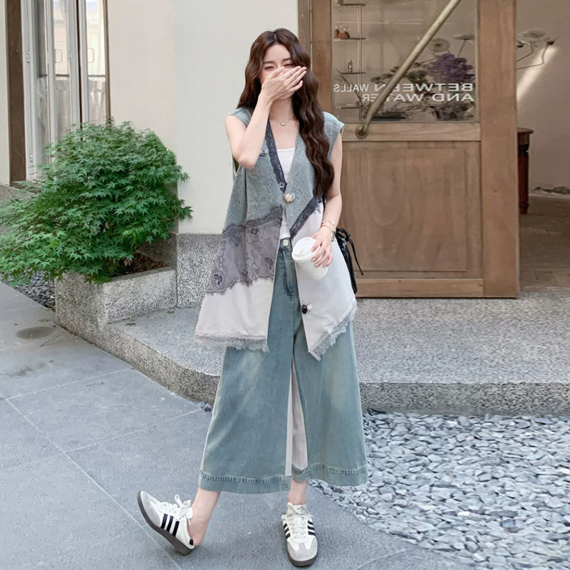 Unique and exquisite lace-spliced mid-length denim vest and wide-leg pants two-piece set for women, summer Korean style, extremely good-looking Unique and exquisite lace-spliced mid-length denim vest and wide-leg pants two-piece set for women, summer Korean style, extremely good-looking