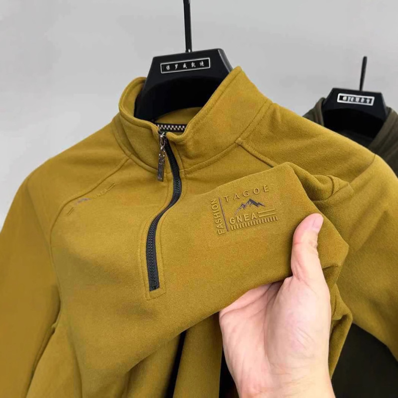 Double-sided Duff Velvet Autumn and Winter Men's Inner Base Shirt Half Zipper Middle Neck Long Sleeve T-shirt De Velvet Sanding Sweater-