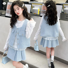 女童小香风套装2026年春季新款中大儿童韩系马甲百褶裙三件套春装