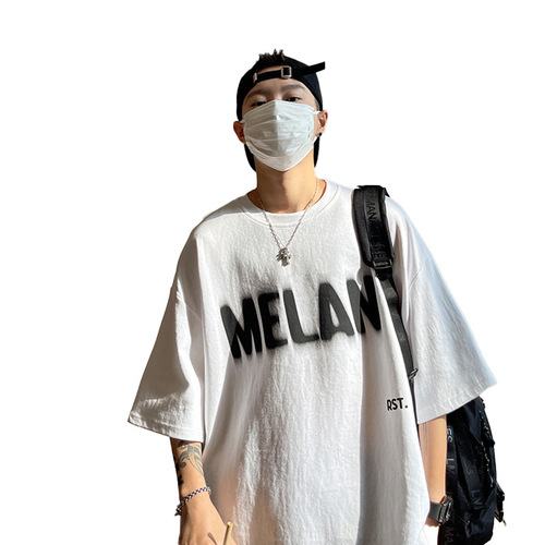 Men's Short Sleeve T-Shirt with Hong Kong Style Print, Round Neck, Hong Kong Style, Simple and Versatile, Trendy Brand, 5/8 Sleeve Top