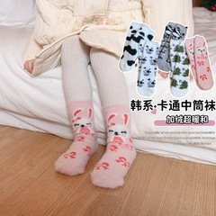 兒童水貂絨襪秋冬保暖毛絨地板襪卡通奶牛恐龍加厚 寶寶中筒襪