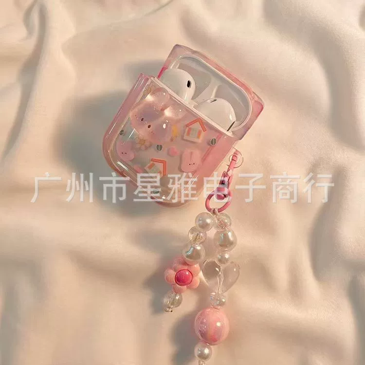 Защитный чехол INS для AirPods (1/2/3/Pro/Pro2/4) — фуксия с 3D-зайчиком и сердечком