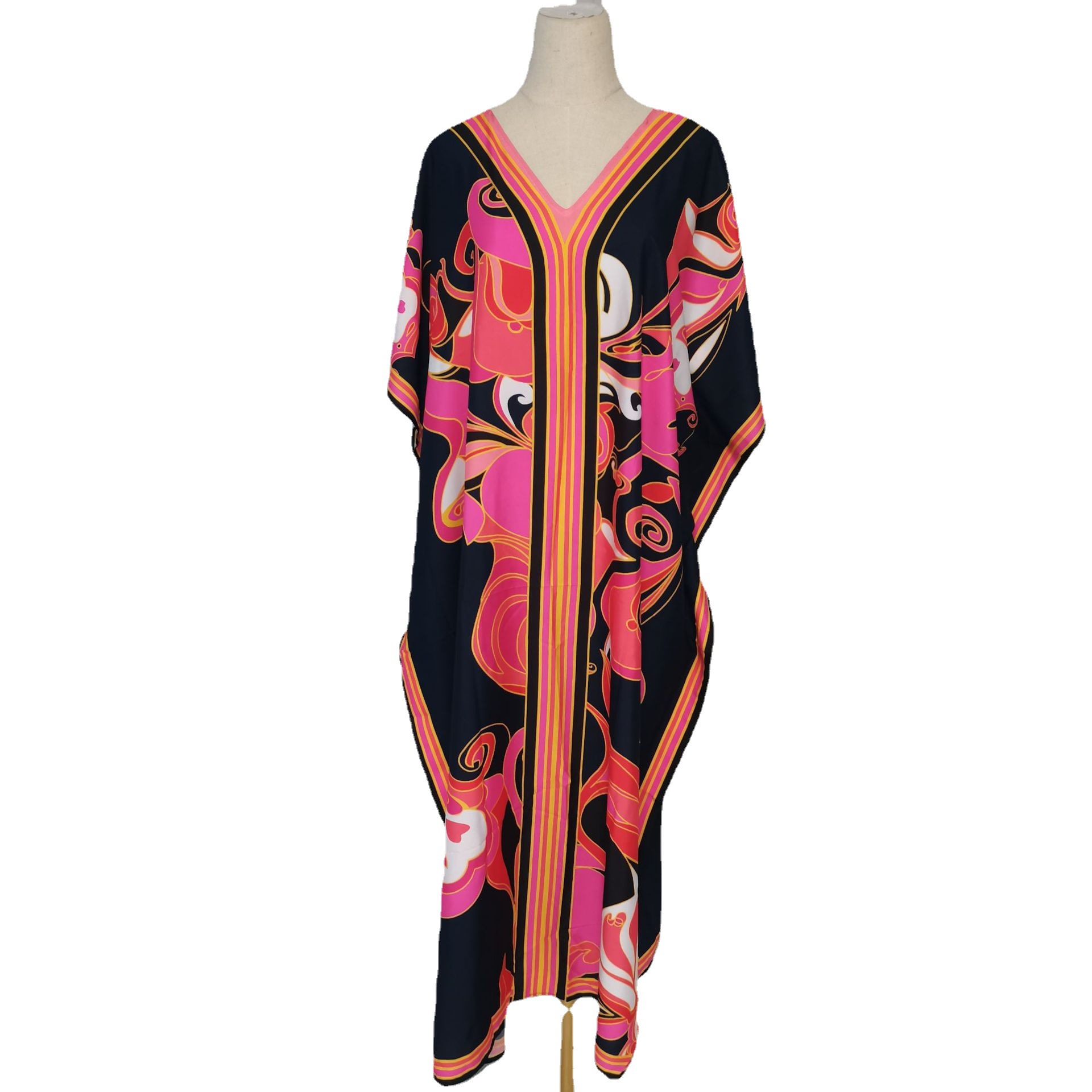 5D203 Falda de playa de vacaciones con estampado de crepé de flores europeas y americanas Falda larga suelta junto al mar Camisa de protección solar de bikini