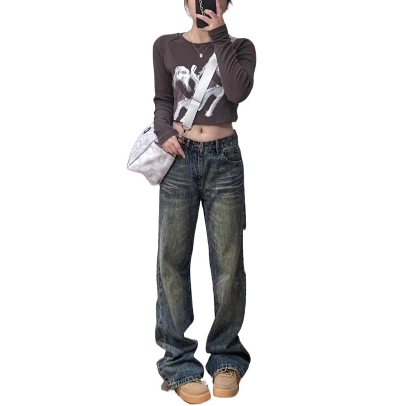 (2개) 미국식 하이 스트리트 스트레이트 청바지 여성용 하이 웨이스트 루즈 디자인 센스 포켓 리핑 슬림 룩 올매치 와이드 레그 팬츠