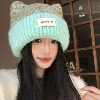 猫耳朵帽子女款秋冬季韩系大头围可爱保暖护耳显脸小针织毛线冷帽