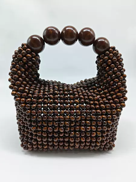 French-Style Wooden Woven Beaded Handbag, Vintage Pearl Bag, Vintage Wooden Bead Boston Handbag