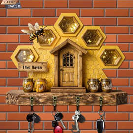 跨境热卖现货多彩木质小屋钥匙挂架平面图形客厅装饰挂件木制批发