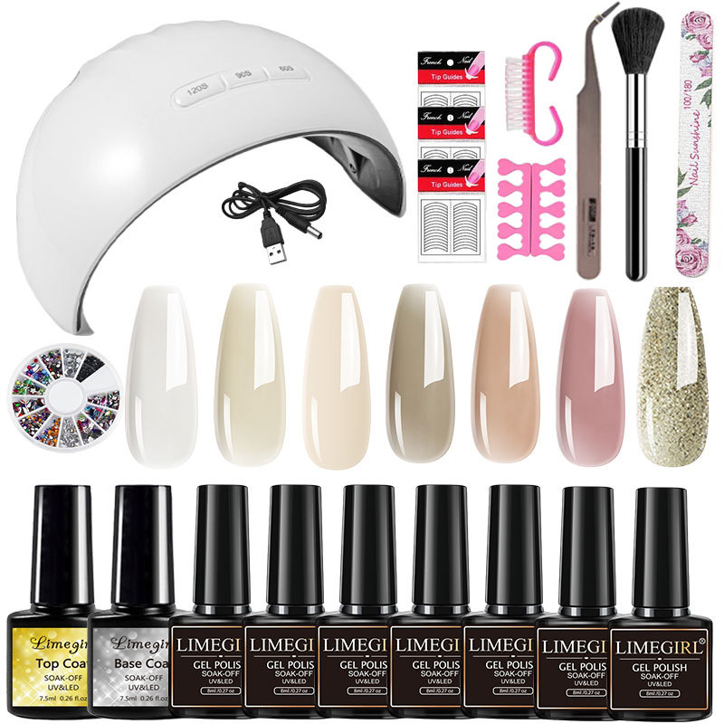 Set de manicura transfronterizo con esmalte de uñas, molde para uñas, pincel, lámpara de manicura, herramienta de pulido y esmeriladora.