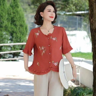 妈妈装夏季时尚休闲新款中老年宽松修身上衣短袖洋气小衫衬衣套装