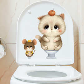 可移除墙贴纸马桶贴画卡通创意猫咪搞笑厕所洗手间寝室防水布置