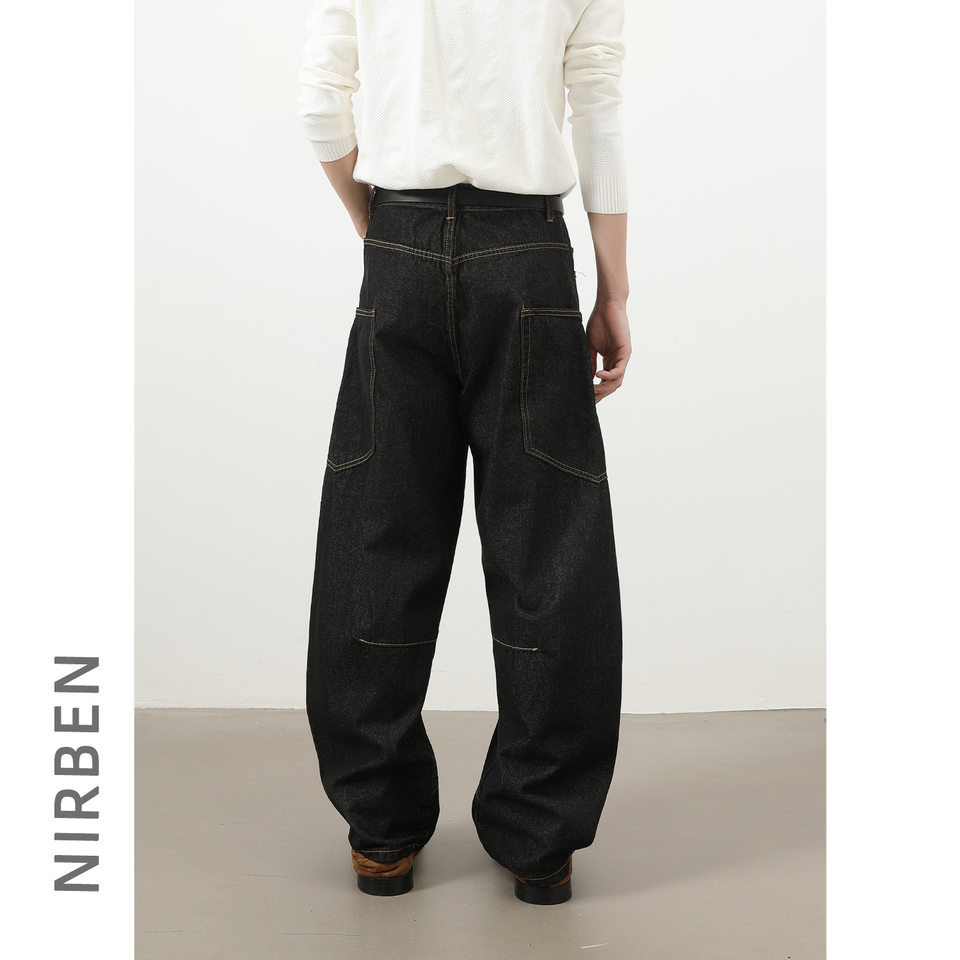 Quần jean nam ống rộng phong cách đường phố retro, nhiều túi hộp, dáng lỏng lẻo — Denim đen, Trắng, màu hồng, màu xanh
