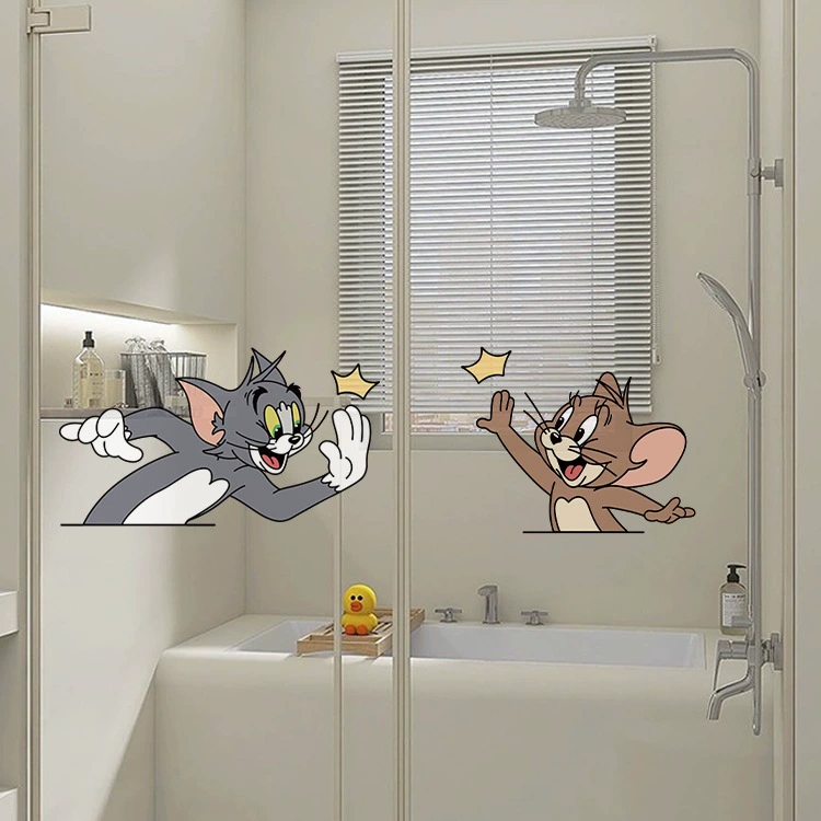 Наклейка на стекло кухонной двери «Том и Джерри», стеклянная наклейка на раздвижную дверь ванной комнаты, наклейка для предотвращения столкновений, без клея, электростатическая наклейка на стеклянную дверь