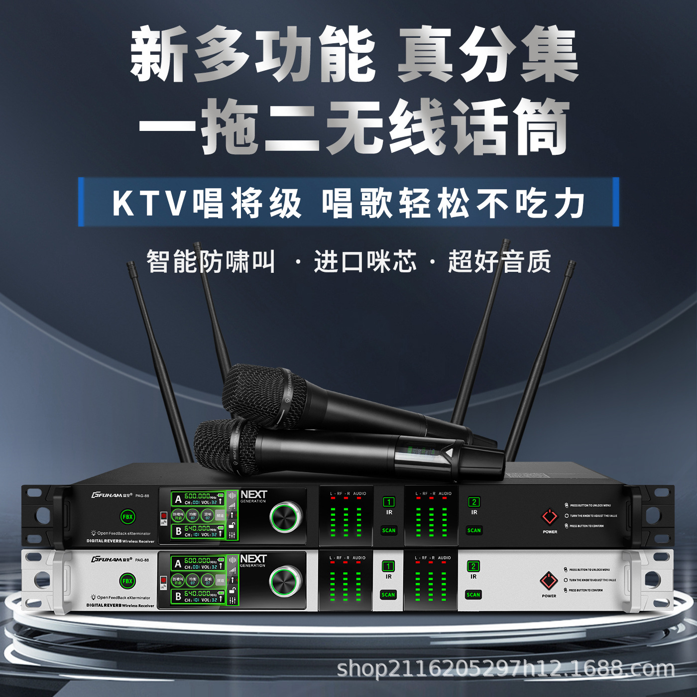 New Wireless Microphone One-To-Two True Diversity Anti-Howling Ktv Home Stage Reverb Dynamic Professional Microphone