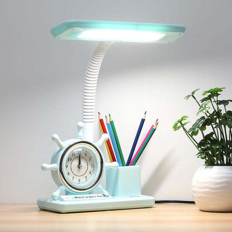 Cartoon Table Lamp Eye-Caring Desk USB Powered Pen Holder Alarm Clock Student Reading Bedside Lamp Protects Vision Three-Color Adjustable Light