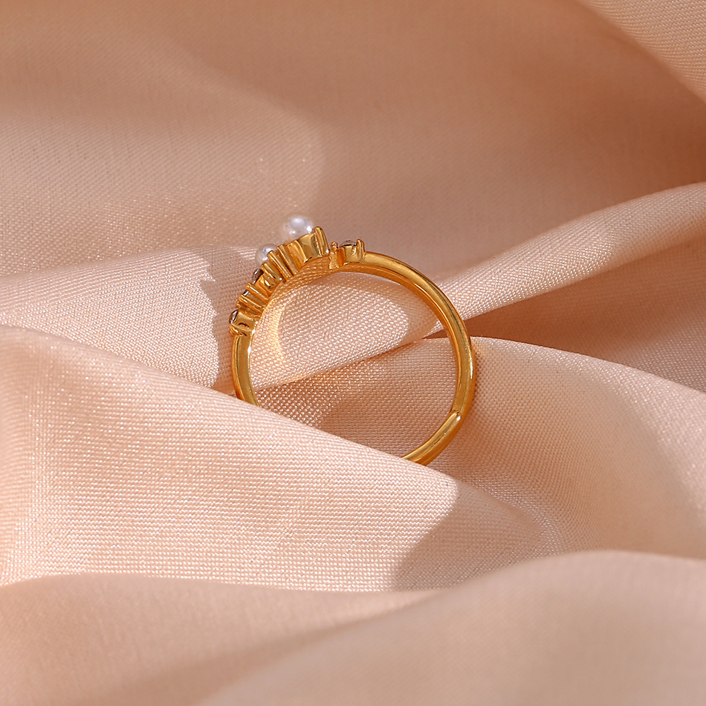 Fashion Geometric Stainless Steel Inlay Artificial Pearls Zircon Open Ring 1 Piece