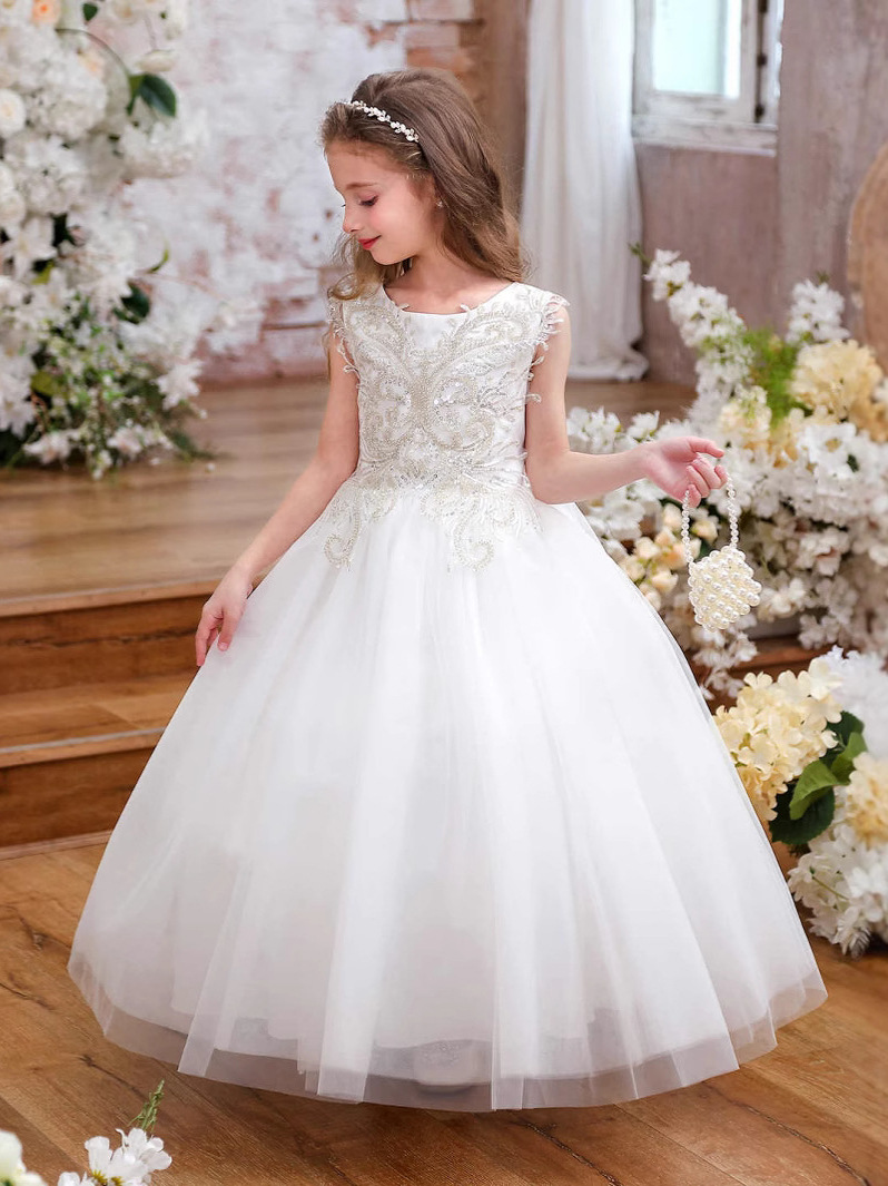 Comercio exterior transfronterizo de Europa y América ropa infantil cinturón de encaje completo taladro sin mangas champán flores de champán vestido de novia de niñas