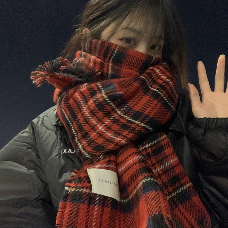 韩系围巾女冬季2025新款新年礼物氛围感红色保暖百搭高级格子围脖