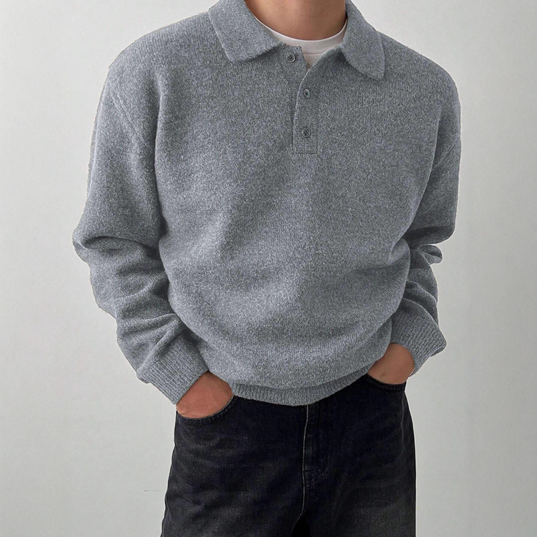 Polo Collar Sweater for Men, Autumn and Winter, Casual Pullover, Inner Layer, Turn-Down Collar, Knitted Top, Thick Coat