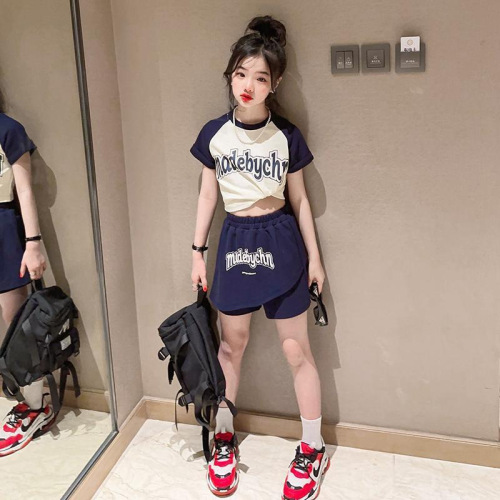 Ladie's Summer Dress Set 2024 New Medium to Large Child Trendy Cute Splicing T-shirt Skirt Korean Style Two-Piece Set