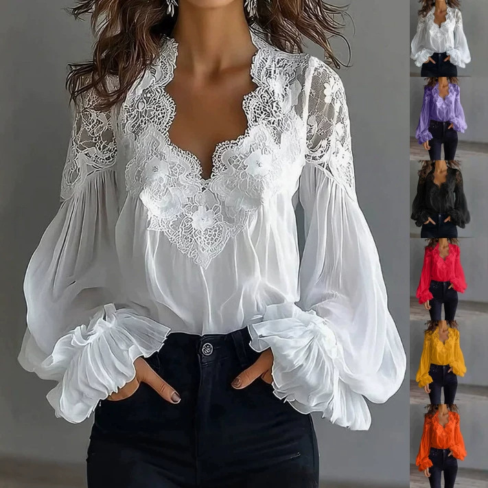 2026 cross-border Amazon temu AliExpress European and American new women's clothing lace splicing puff sleeve pleated shirt top 2026 cross-border Amazon temu AliExpress European and American new women's clothing lace splicing puff sleeve pleated shirt top