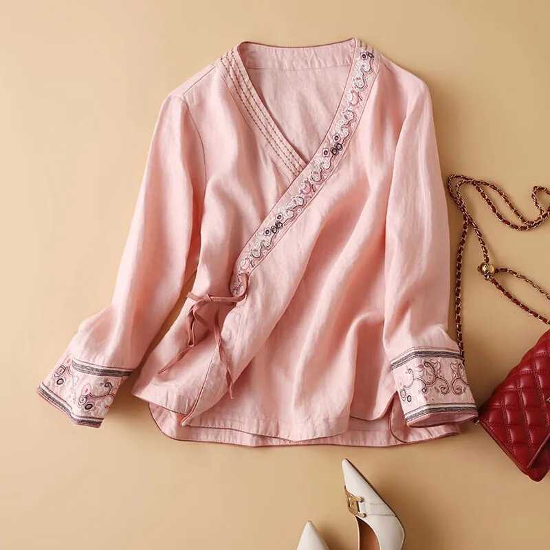 Spring and Summer New Embroidered Cotton and Linen Shirt, Thin Chinese Style Top, Elegant Nine-Quarter Sleeve Tie-Up Loose Women's Shirt Spring and Summer New Embroidered Cotton and Linen Shirt, Thin Chinese Style Top, Elegant Nine-Quarter Sleeve Tie-Up Loose Women's Shirt