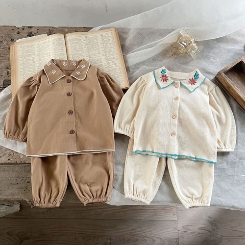 2023春季新款女宝宝长袖套装婴儿绣花棉质上衣+花边长裤两件套