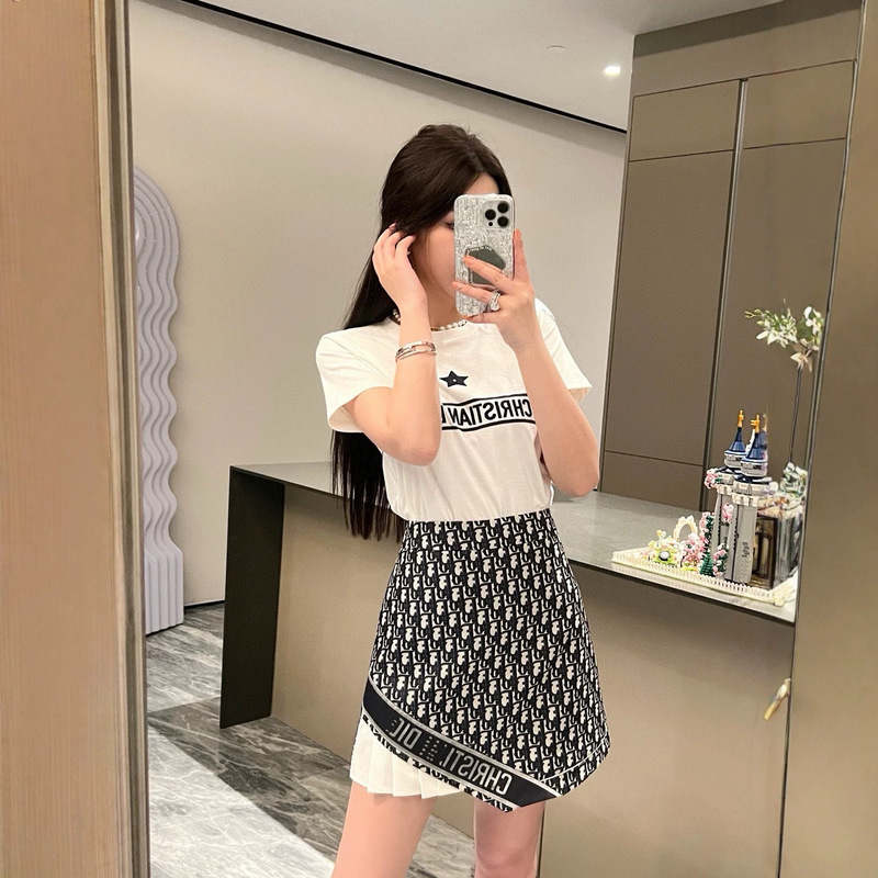 Shenzhen Nanyou 26 Summer New D Brand Casual Fashion Embroidered Short-Sleeve + Short Skirt Letter Set French Embroidery Shenzhen Nanyou 26 Summer New D Brand Casual Fashion Embroidered Short-Sleeve + Short Skirt Letter Set French Embroidery