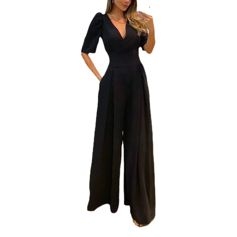 Ropa de mujer europea y americana 2025 primavera nuevo temperamento casual con cuello en V encaje cintura alta burbuja manga corta pierna ancha mono