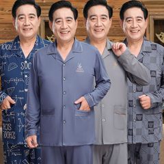 男性の純綿パジャマ春と秋の薄いタイプの中高年のお父さんはゆったりしています。