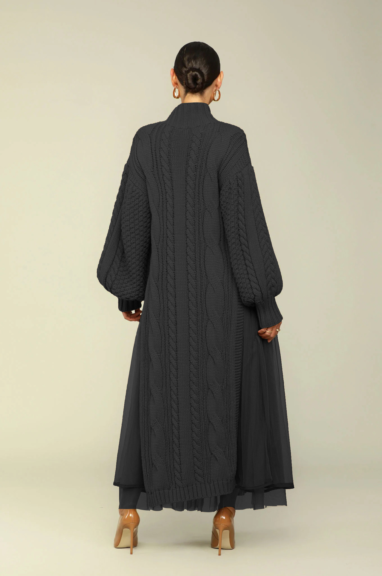 Women's Clothing women's fashion solid color lantern sleeve stand collar knitted skirt sweater skirt dress two piece suit_voghion.com