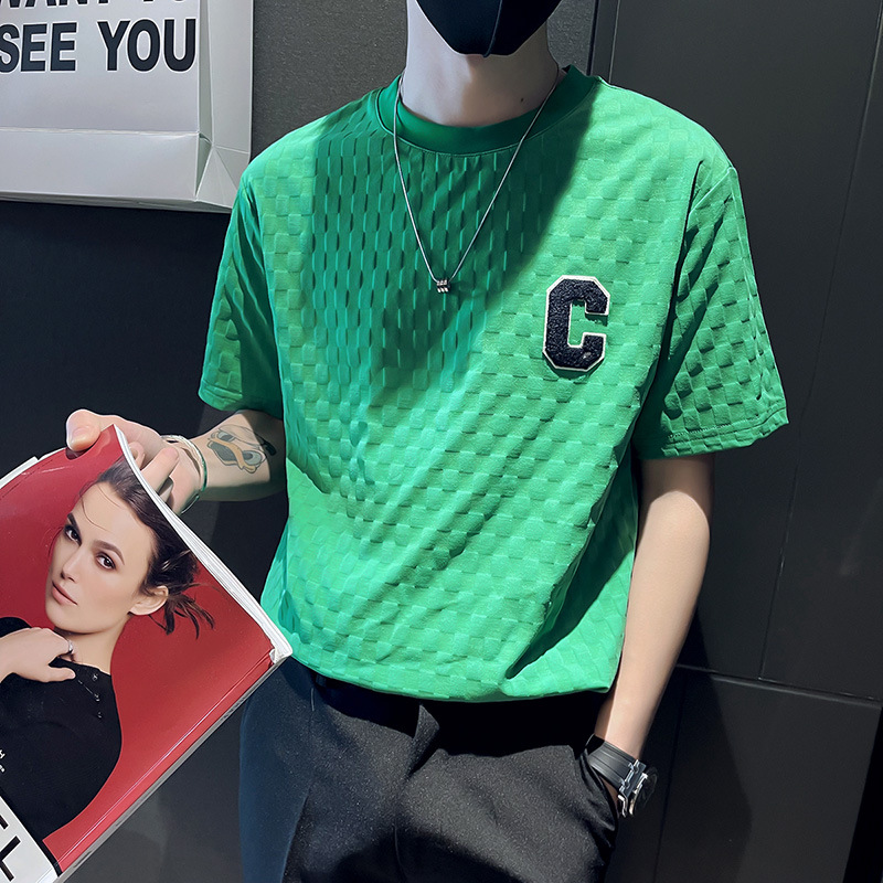 Maglietta estiva da uomo con base, vestibilità corta slim, mezza manica in maglia a quadretti, lettera Instagram del marchio di tendenza, maglietta girocollo_voghion.com